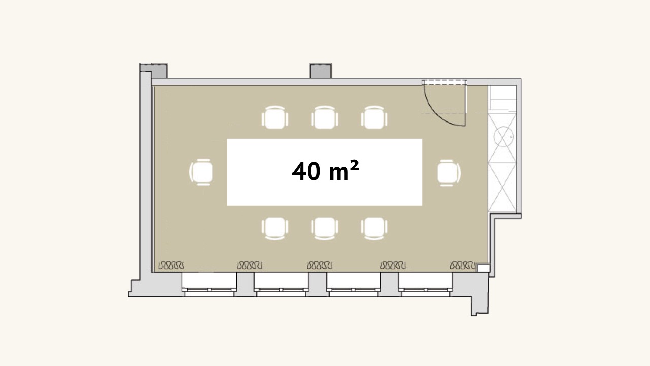 Grundriss eines 40 m² großen Raums mit rechteckigem Tisch und 8 Stühlen.