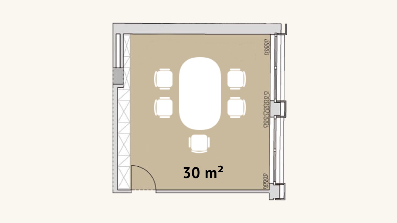 Grundriss eines 30 m² großen Raums mit ovalem Tisch und fünf Stühlen.